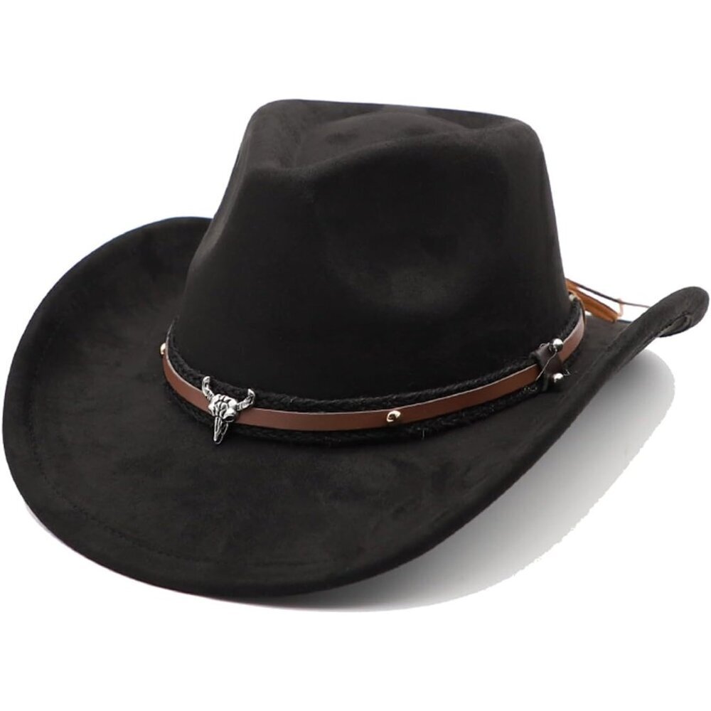 Unisex Black 100% Polyester Western with Bull Skull Buckle Band Cowboy Felt Hat